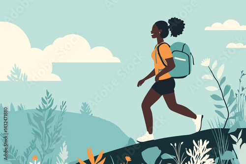 African woman hiking up a hill with backpack, fitness and nature blend vector illustration