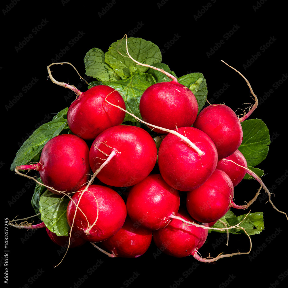 Fresh Red Radishes with Green Leaves on Black Background