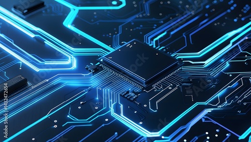 Futuristic microchip background with neon blue circuit network