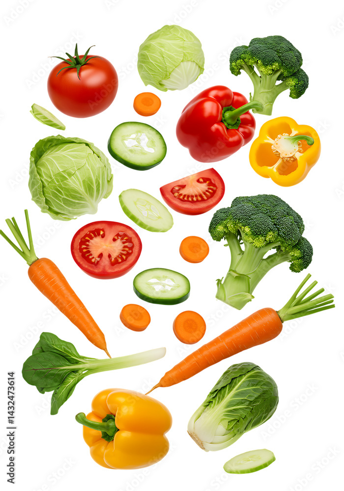 Assorted Fresh Vegetables Floating on Transparent Background Assorted Fresh Vegetables Floating on Transparent Background