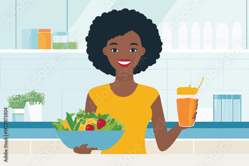 African woman holding smoothie and salad bowl with vitamins on counter vector illustration