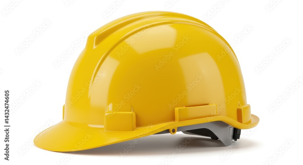 A close up shot of a yellow hard hat isolated on a white background showing safety equipment for workers A close up shot of a yellow hard hat isolated on a white background showing safety equipment for workers