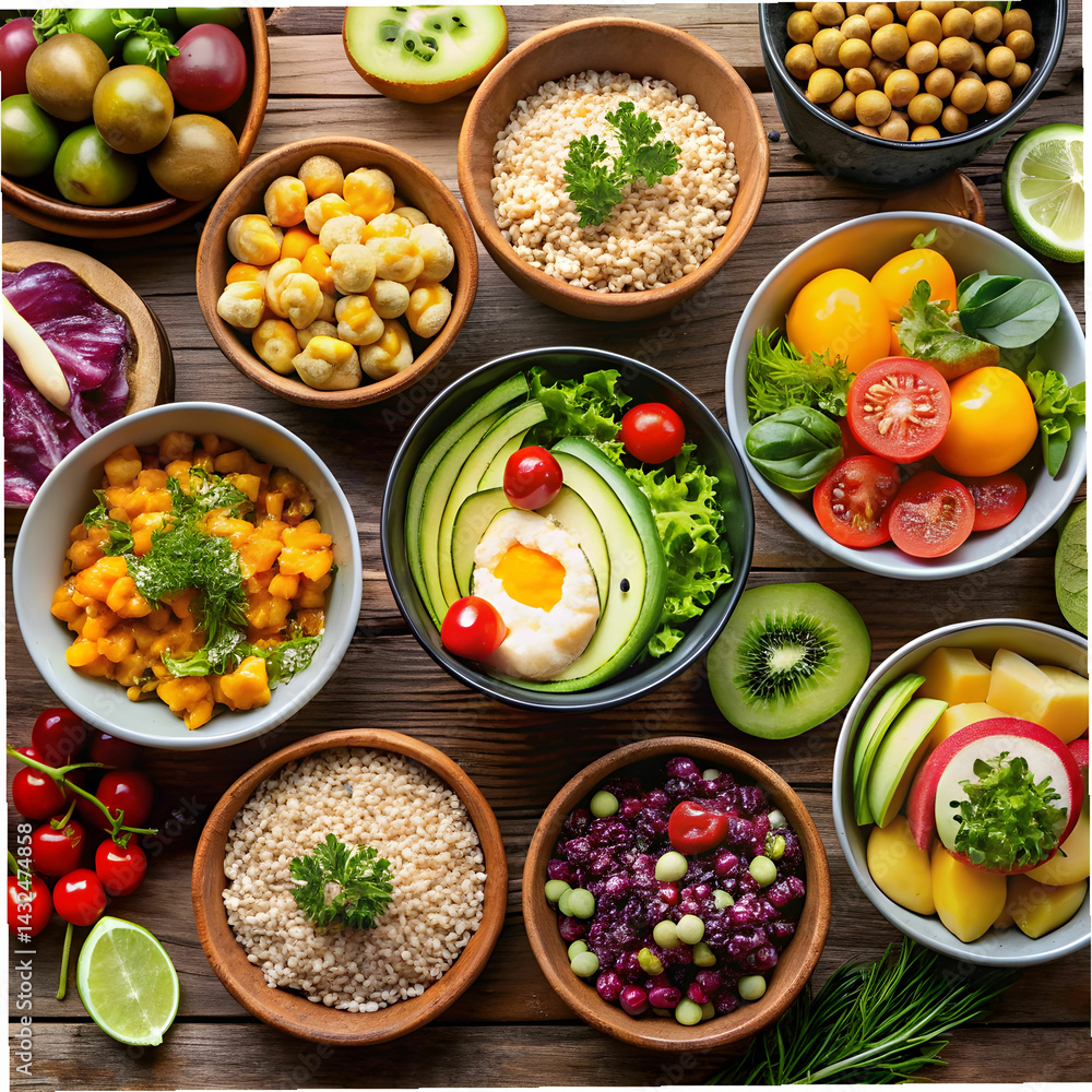 bowls with tasty and nutritious food top view bowls with tasty and nutritious food top view