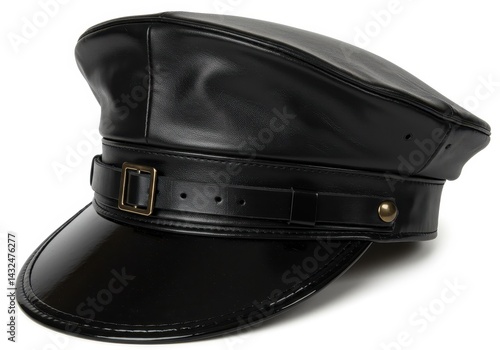 Close up of a shiny black leather peaked cap with a buckle and button on a white background