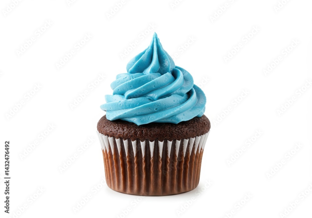 A chocolate cupcake with blue frosting on a white background in a paper cup isolated image view A chocolate cupcake with blue frosting on a white background in a paper cup isolated image view