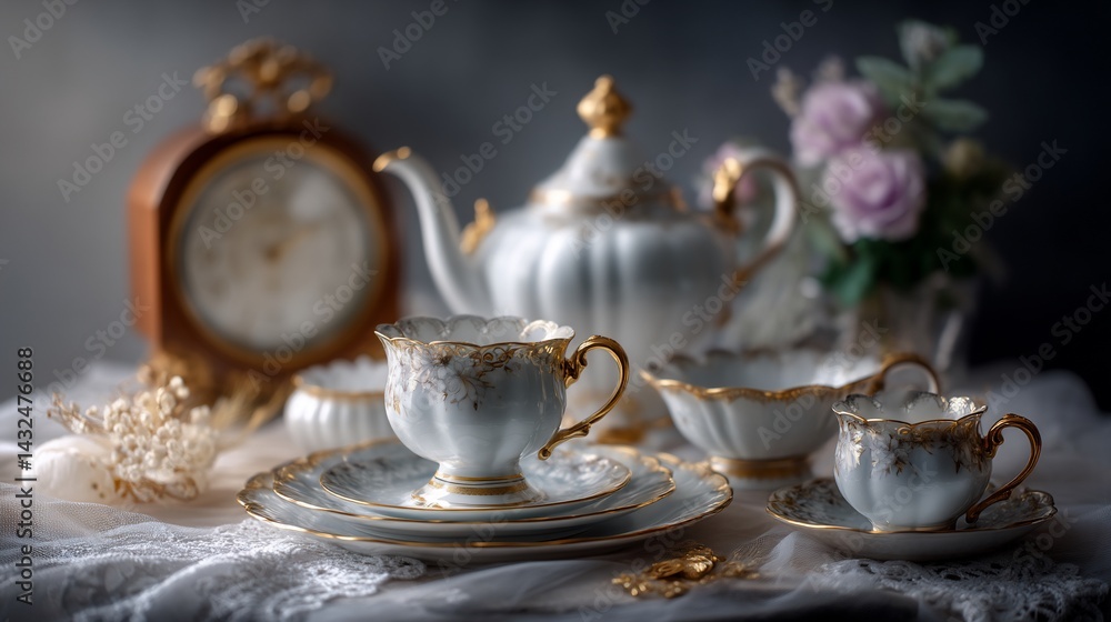 Fototapeta premium Elegant tea set on lace tablecloth