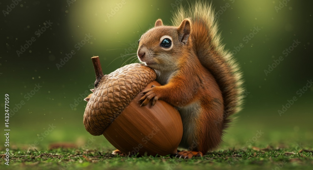 Fototapeta premium Adorable red squirrel clutching a large acorn.
