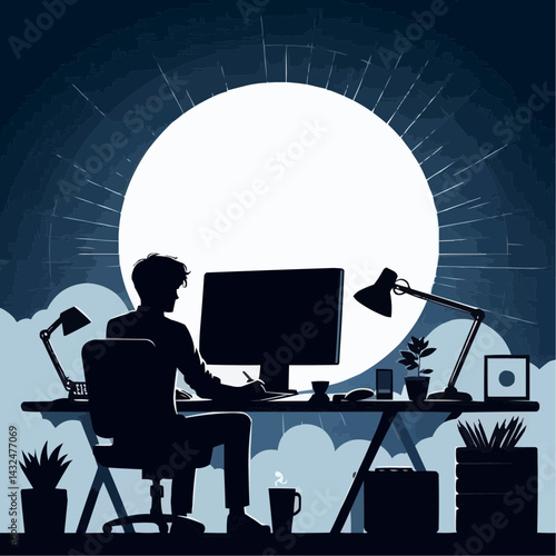 Nighttime Productivity: A silhouette of a person engrossed in work at a desk under the radiant moonlight, surrounded by essential tools of the trade, suggesting focus and dedication. 