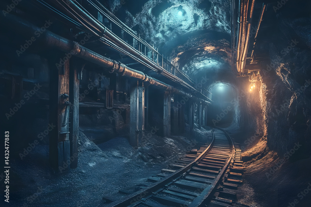 Naklejka premium Dark Tunnel, Rail Tracks, Deep Mine