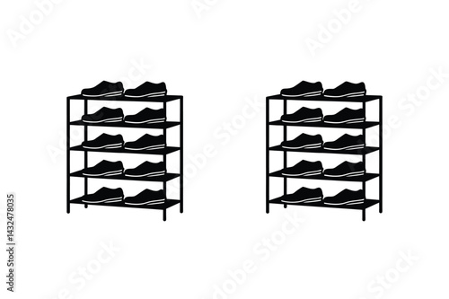 Two Shoe Racks With Shoes Black Silhouette On White Background Minimalist Design