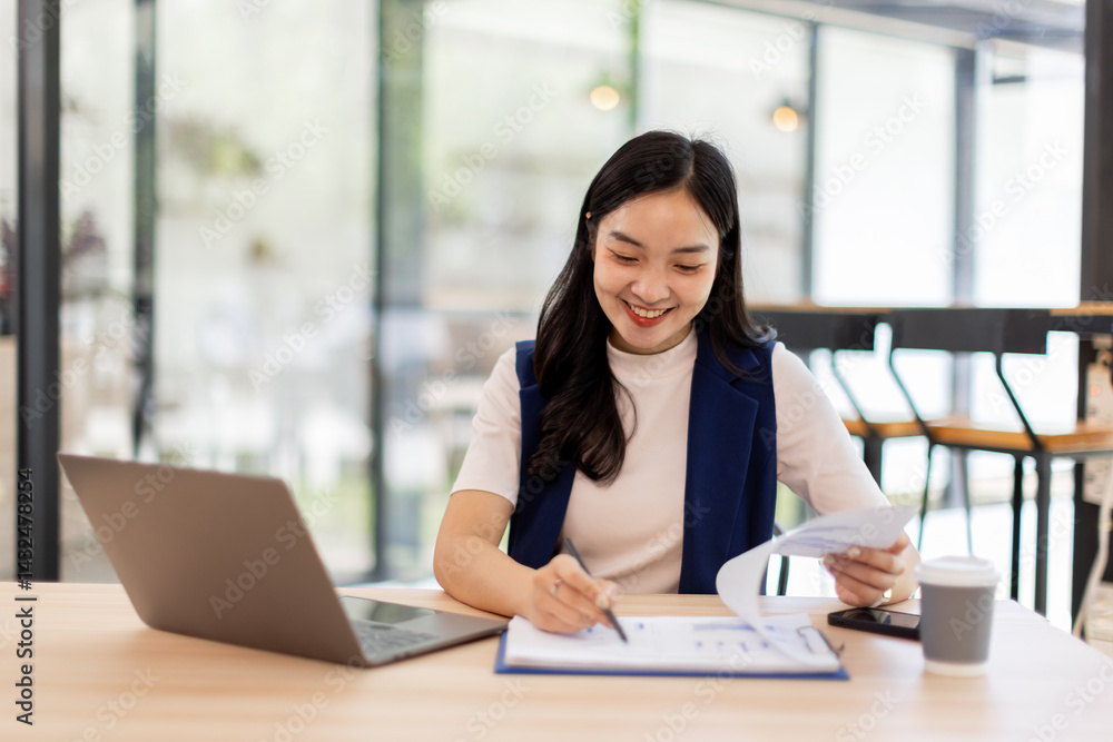 asian business woman sit at laptop holding papers, read received contract, agreement, legal documents smile feel satisfied, got good news. Loan repayment, career advance, success concept
asian business woman sit at laptop holding papers, read received contract, agreement, legal documents smile feel satisfied, got good news. Loan repayment, career advance, success concept