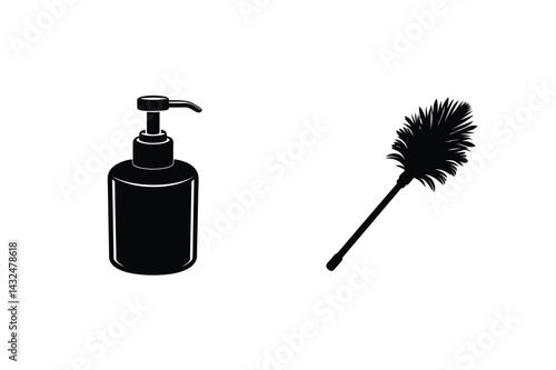 Black Silhouettes Of Liquid Soap Bottle And Feather Duster For Cleaning