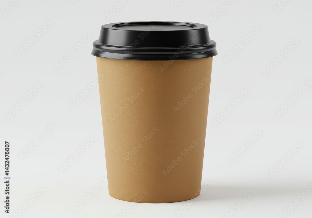 Isolated shot of a brown paper coffee cup with a black plastic lid on a plain white background surface Isolated shot of a brown paper coffee cup with a black plastic lid on a plain white background surface
