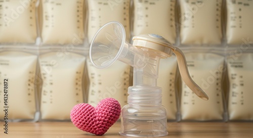 Breast pump with a knitted heart and bags of breastmilk in the background. Concept of motherhood, breastfeeding, love, and care for the baby. Represents maternal bond and nutrition.