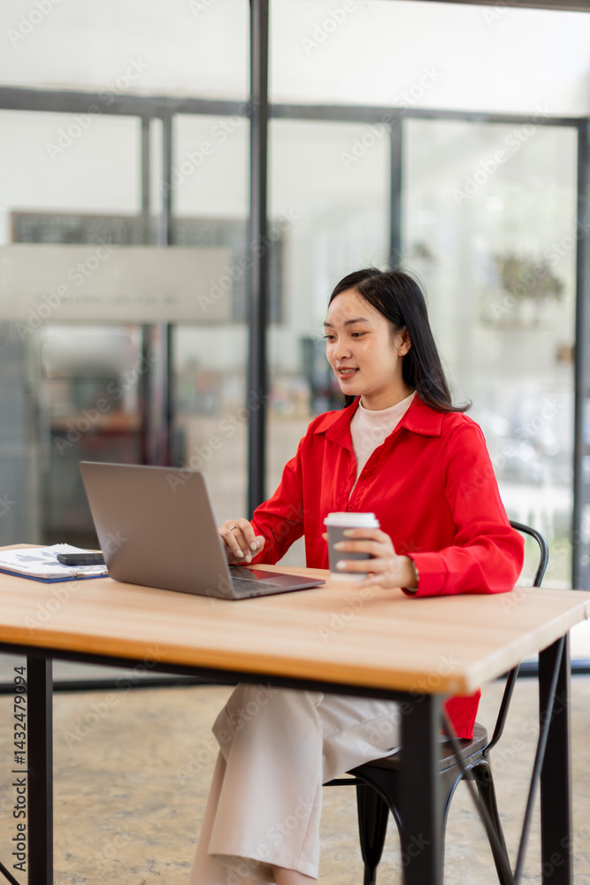 Fototapeta premium Business Employee Asian woman working on laptop document archives on folders papers at busy work at desk workplace office. Business Documents concept. 