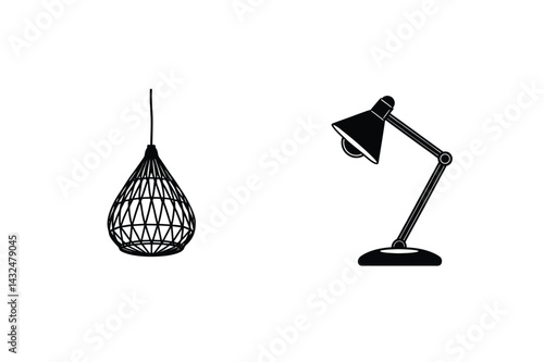 Minimalist Lamps Vector Illustration Featuring Pendant And Desk Lamp Designs In Black