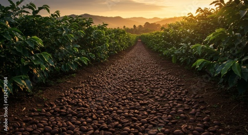 Coffee Beans Drying on Plantation Path with Golden Sunset Light