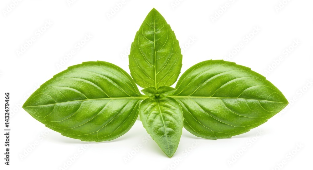 Close up of fresh basil leaves arranged on a white background in a studio setting for food photography Close up of fresh basil leaves arranged on a white background in a studio setting for food photography