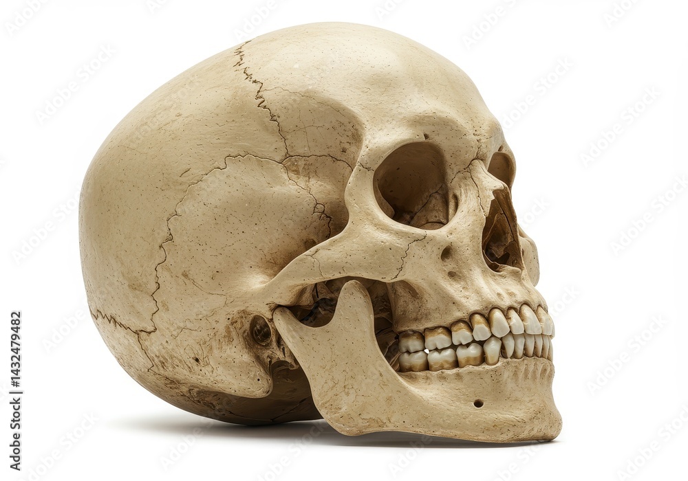Obraz premium Anatomical model of a human skull with visible sutures and teeth on a plain white background studio shot