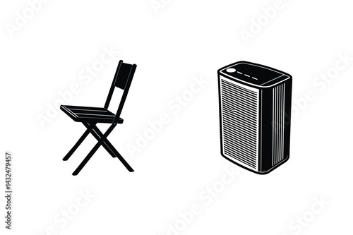 Simple Black And White Illustration Of A Chair And Air Purifier