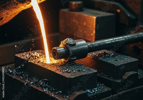 Molten metal pour into mold creating sparks and heat. Industrial process in metal fabrication workshop production. Manufacturing concept.