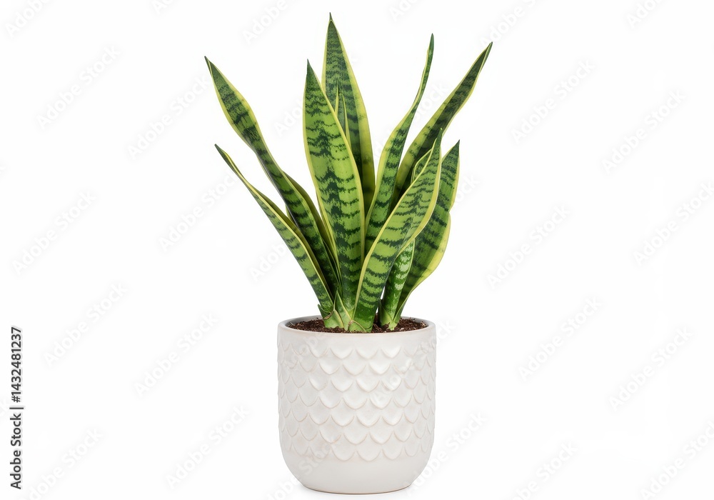A snake plant in a white pot with a textured surface on a white background in a studio setting A snake plant in a white pot with a textured surface on a white background in a studio setting