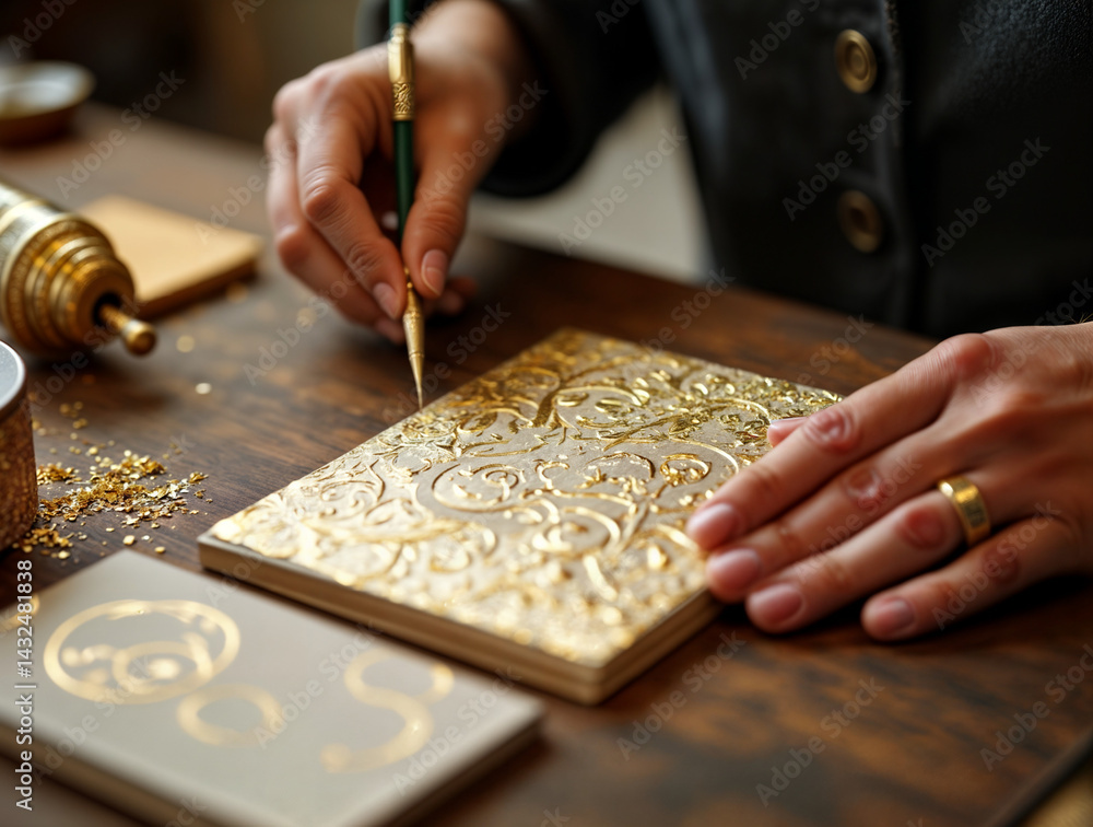 The image shows a person using a gold pen to apply gold leaf to a notebook with intricate designs, surrounded by scattered gold shavings and other crafting supplies on a wooden table
