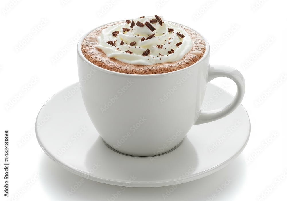 A cup of hot chocolate with whipped cream and chocolate shavings on a white background isolated shot A cup of hot chocolate with whipped cream and chocolate shavings on a white background isolated shot