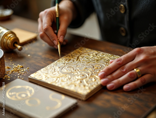Obraz na płótnie The image shows a person using a gold pen to apply gold leaf to a notebook with intricate designs, surrounded by scattered gold shavings and other crafting supplies on a wooden table w salonie