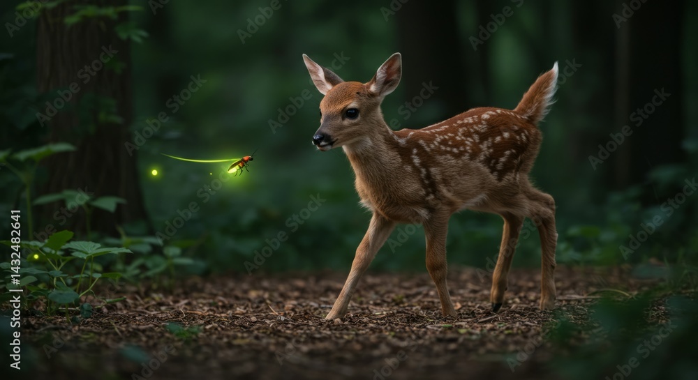 Fototapeta premium A young fawn in a dark forest, watches a firefly light up the night.