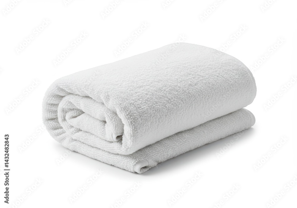 A neatly folded white towel on a plain white background in a well lit studio environment setting view A neatly folded white towel on a plain white background in a well lit studio environment setting view