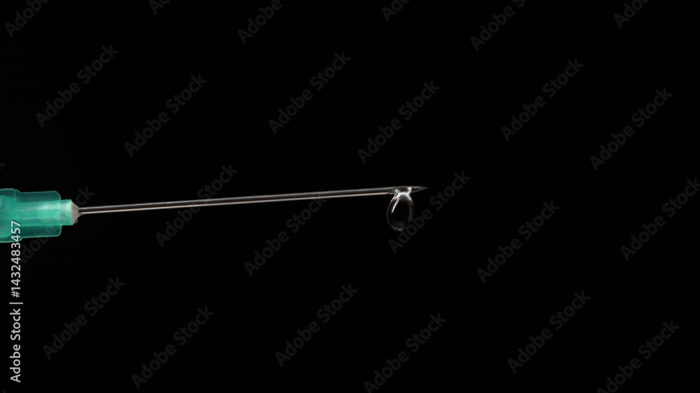 Syringe needle with an injection solution on black background, copy space, close up. Syringe with vaccination, macro. Liquid medication or drug Syringe needle with an injection solution on black background, copy space, close up. Syringe with vaccination, macro. Liquid medication or drug