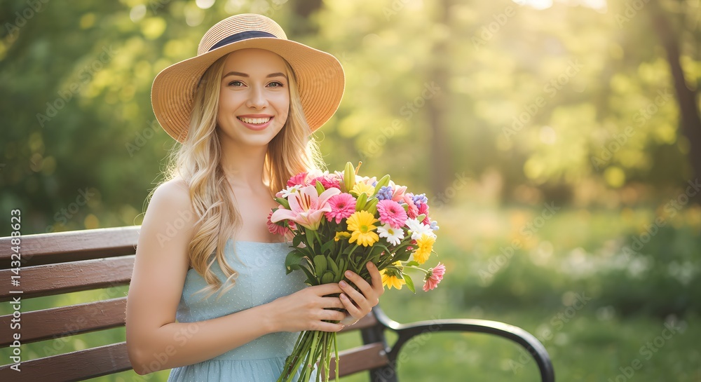 Fototapeta premium Woman with flowers sitting on a bench in a park smiling