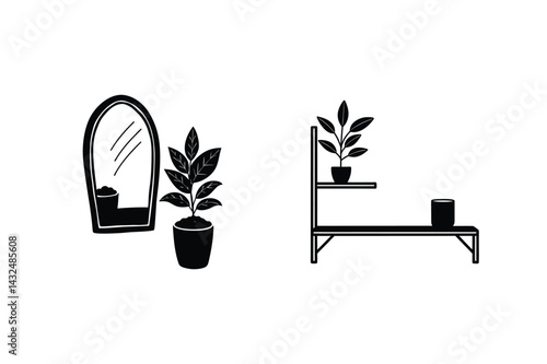 Interior Design Elements With Mirror And Plant Shelf In Black And White Minimalist Style