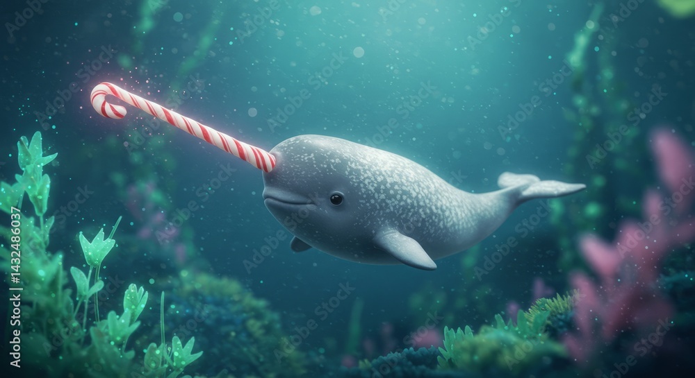 Fototapeta premium Narwhal with candy cane horn swims in an underwater scene.
