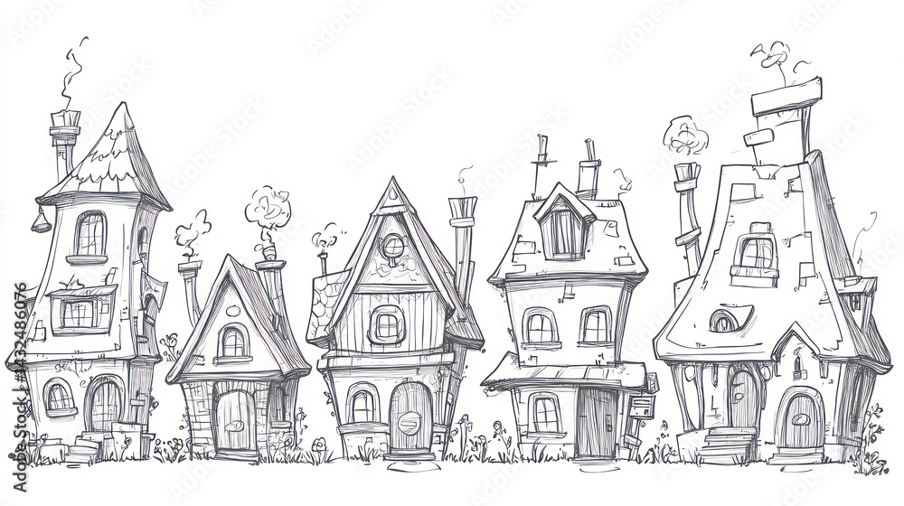 Whimsical village houses sketch, fairytale setting, charming background, ideal for children's book illustration Whimsical village houses sketch, fairytale setting, charming background, ideal for children's book illustration