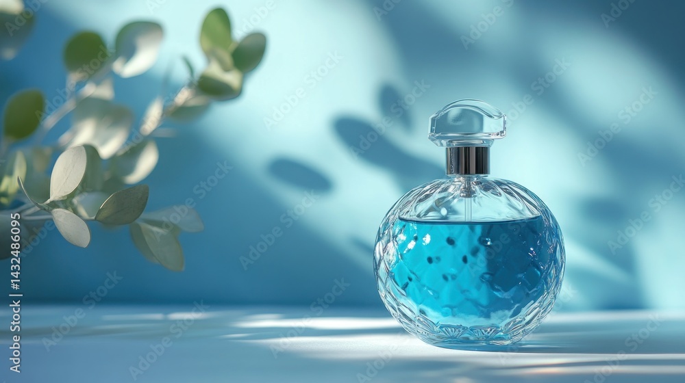 Elegant blue perfume bottle with soft light and greenery Elegant blue perfume bottle with soft light and greenery