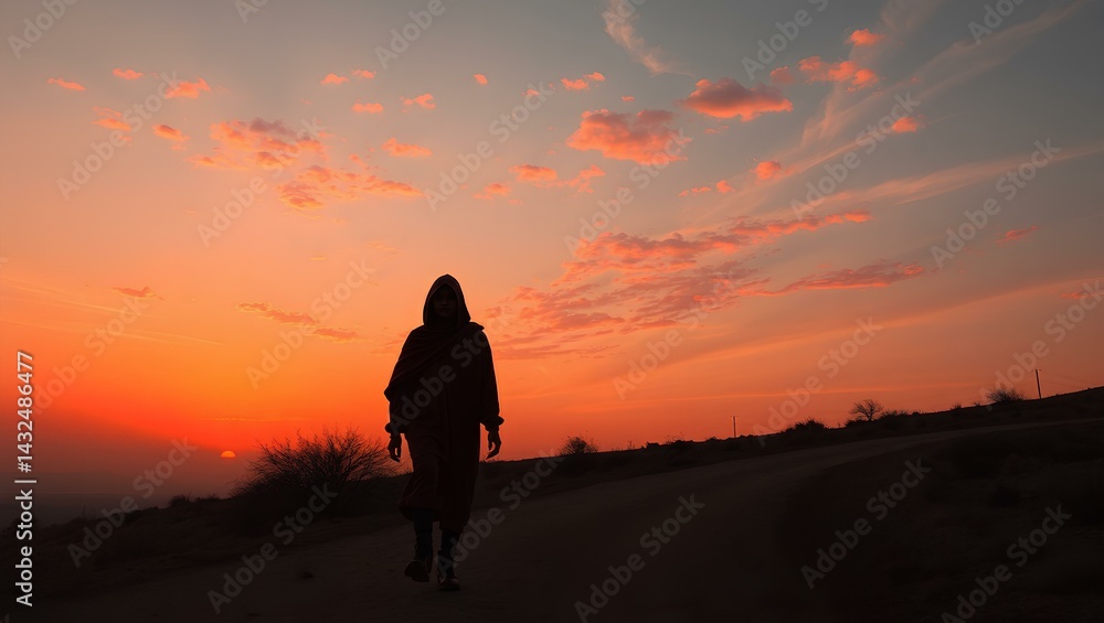 Obraz premium Lonely Walk with Elongated Shadow at Sunset​
