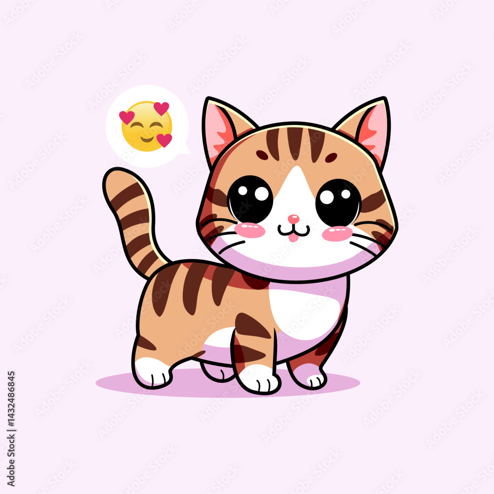 Fototapeta premium PrintCute chubby cartoon cat in kawaii style with a joyful expression. Perfect for stickers, childrens illustrations, mascots, or digital content. High-resolution vector art.