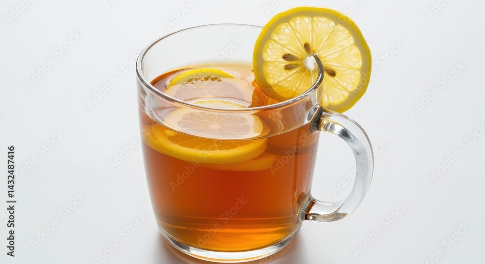 Clear mug filled with tea and lemon slices on a white background in a studio setting shot close up Clear mug filled with tea and lemon slices on a white background in a studio setting shot close up