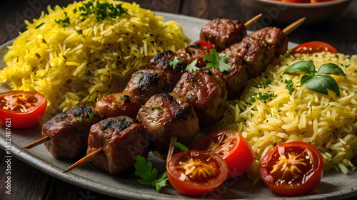 Ultra HD image of Iranian kebabs with saffron rice and grilled tomatoes