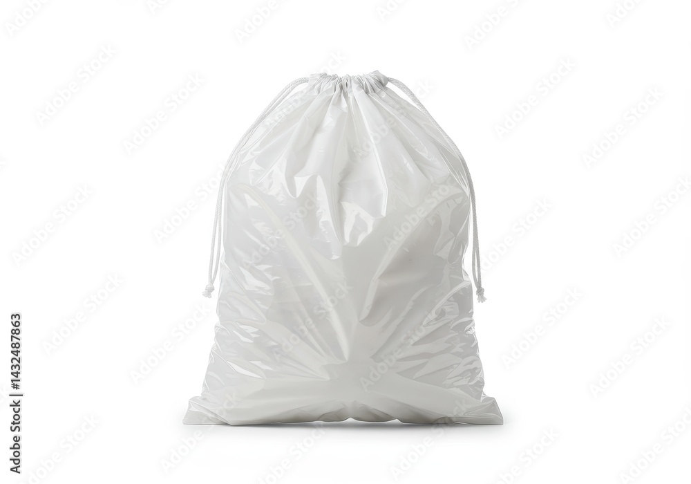 A white drawstring bag filled with items sitting on a white surface in a studio environment view A white drawstring bag filled with items sitting on a white surface in a studio environment view