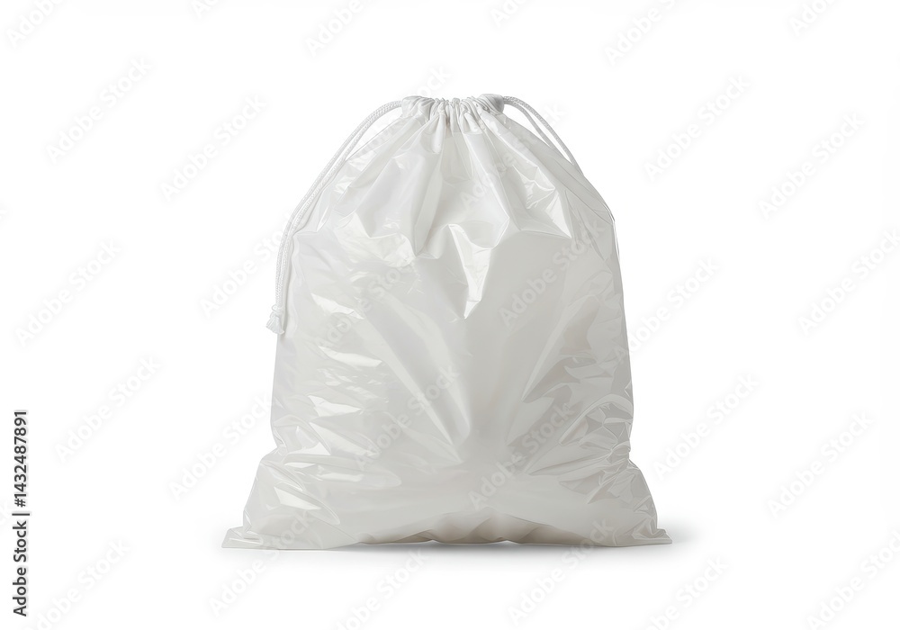 A white drawstring bag filled with something sitting on a white surface in a studio setting shot well A white drawstring bag filled with something sitting on a white surface in a studio setting shot well