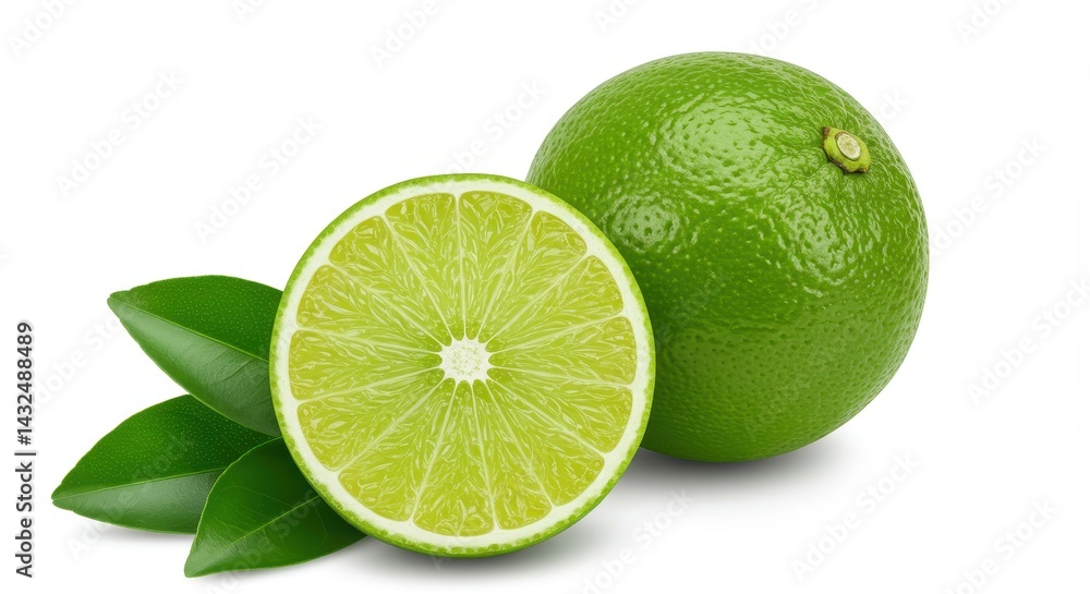 A still life of a whole lime and a sliced lime with leaves on a white background in bright light A still life of a whole lime and a sliced lime with leaves on a white background in bright light