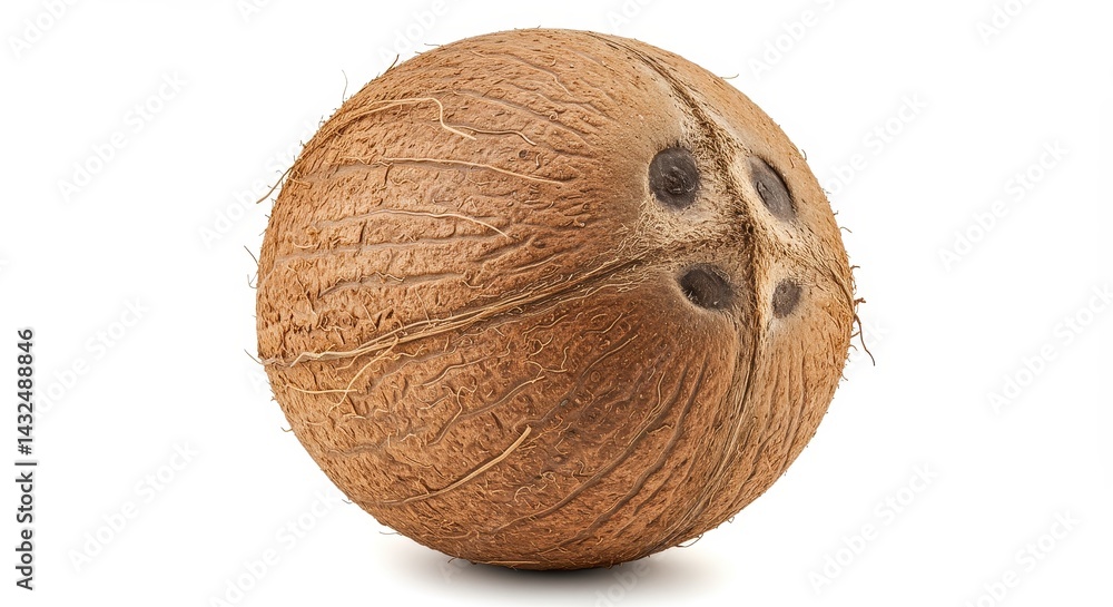 A single whole coconut with a brown husk and three eyes on a white background in a studio shot A single whole coconut with a brown husk and three eyes on a white background in a studio shot