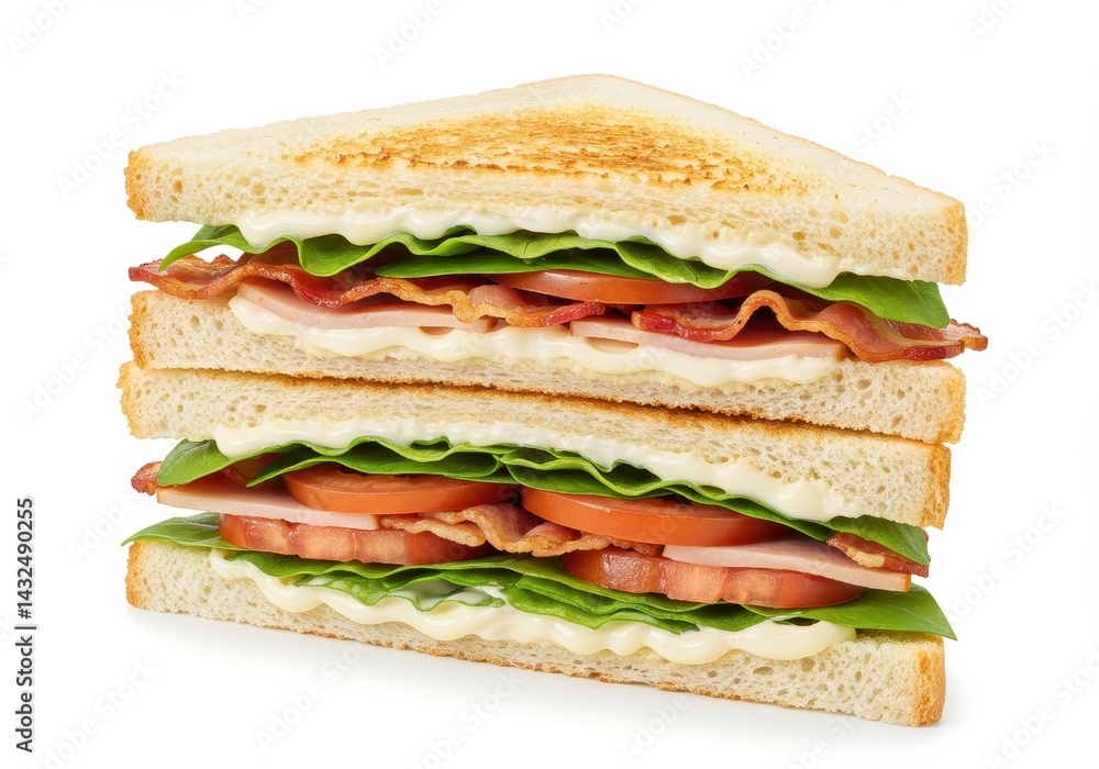 Close up of a double decker club sandwich with bacon lettuce and tomato on a white background Close up of a double decker club sandwich with bacon lettuce and tomato on a white background