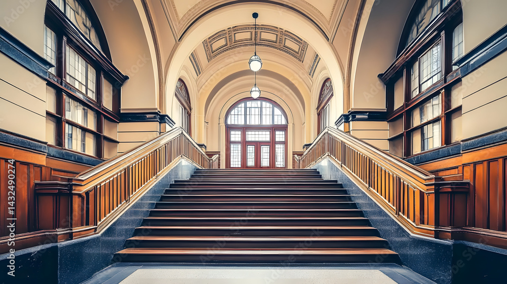 Obraz premium Grand Staircase Ascends to Light-Filled Hall