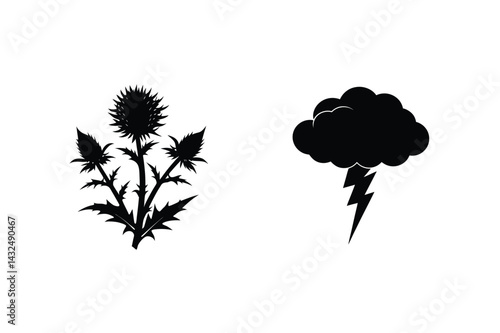 Scottish Thistle Flower And Lightning Cloud Silhouettes Black And White