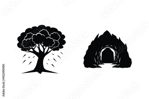 Fantasy Landscape With Tree And Cave Entrance Black And White Silhouette
