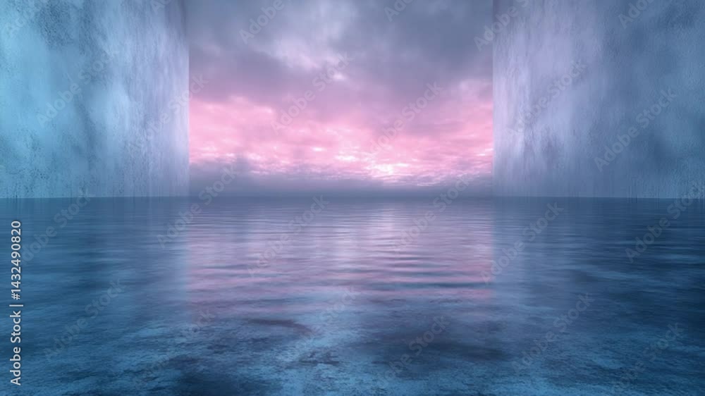 Pink and blue glowing sky above calm ocean with soft mist and reflected horizon light Pink and blue glowing sky above calm ocean with soft mist and reflected horizon light